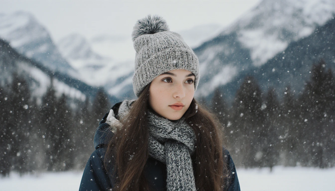Woman in winter clothing standing in a snowy landscape with mountains in the background